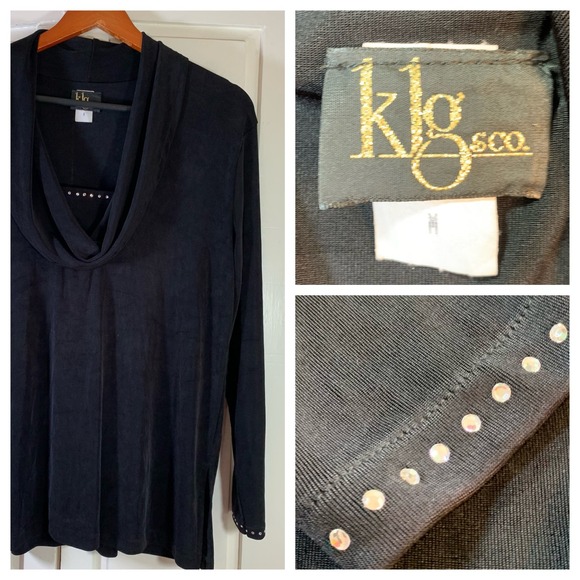 Y2K Glam‎ Cowl Neck Top M Black Rhinestones Vintage Stretch USA KLG & Co Travel - Picture 14 of 14
